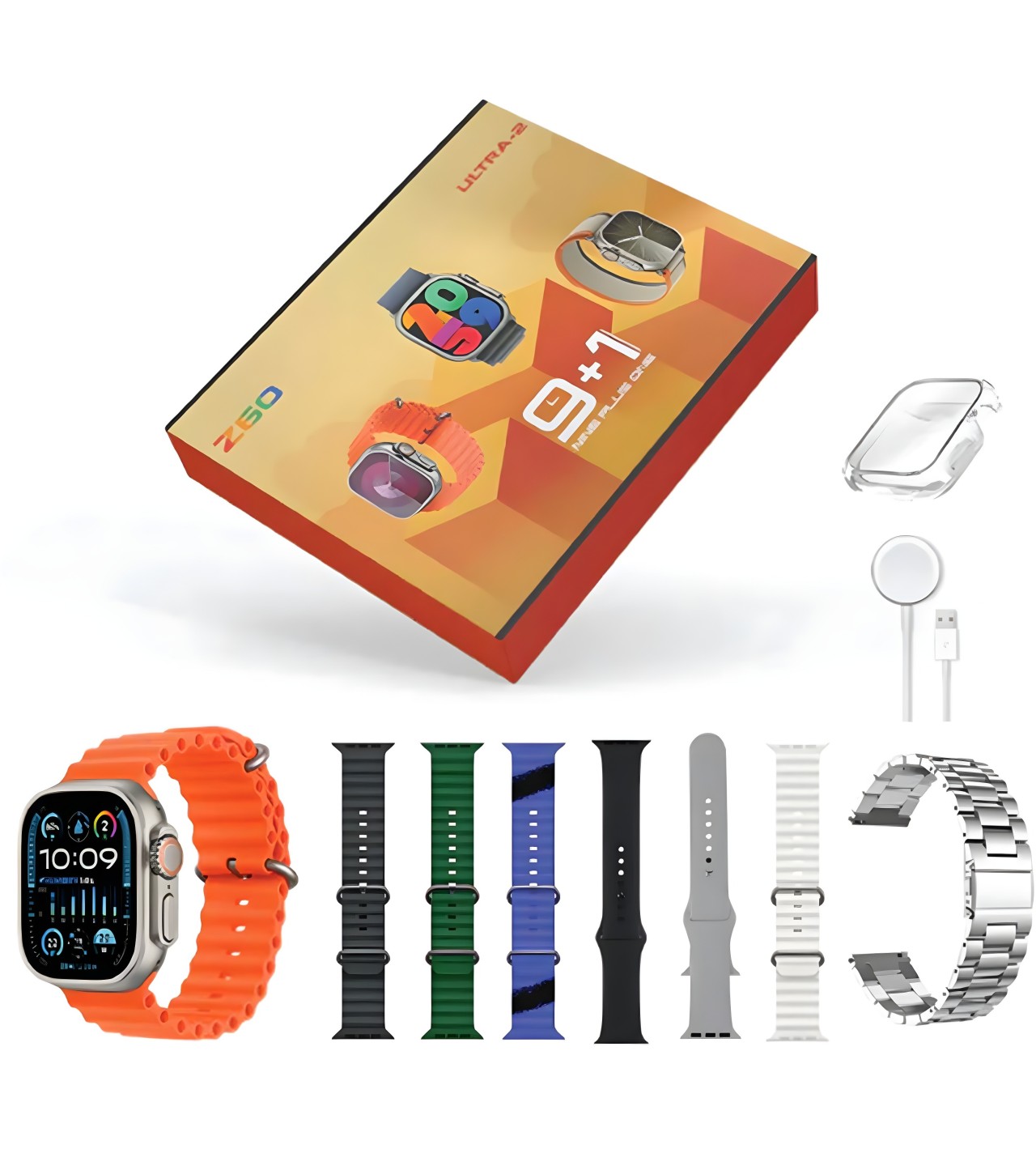 9+1 Z60 ULTRA-2 BIG IPS DISPLAY 49MM 8+SILICONE CASE STRAP BT CALLING SMARTWATCH ALWAYS ON DISPLAY WITH OFITPRO APP SILVER