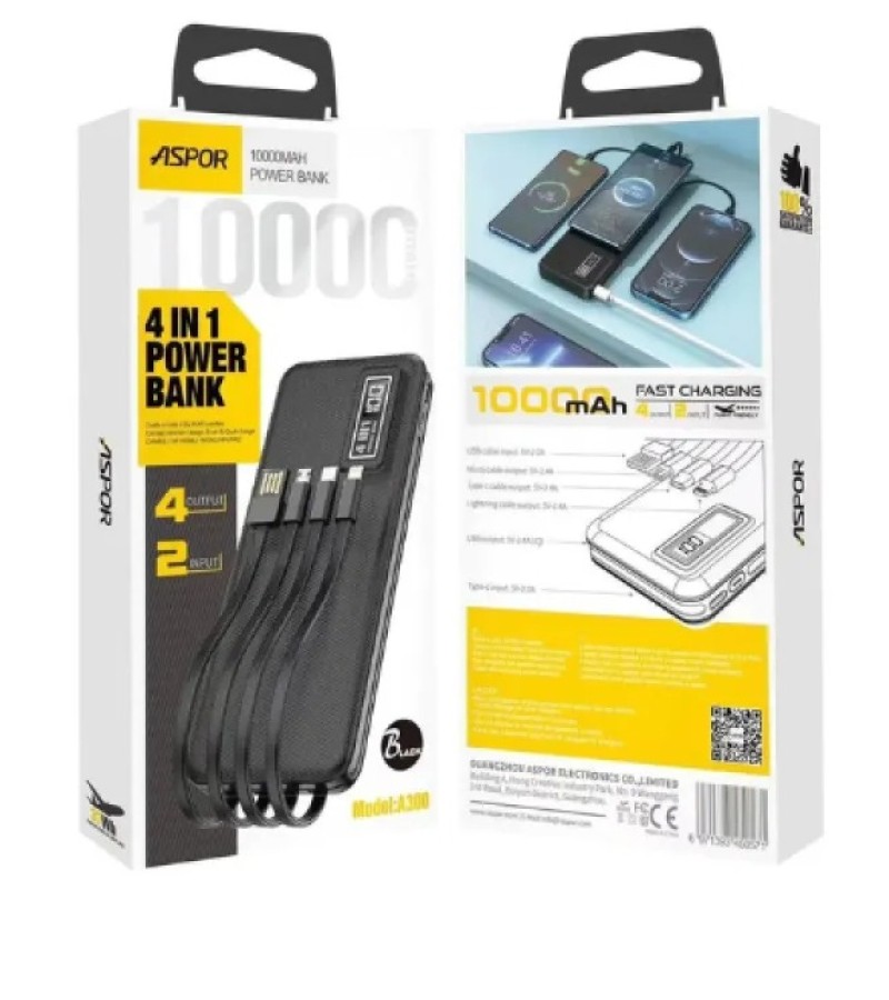ASPOR A300 POWER BANK ORIGINAL 10000MAH LI-POLYMER BATTERY 4 IN1 POWER BANK BLACK