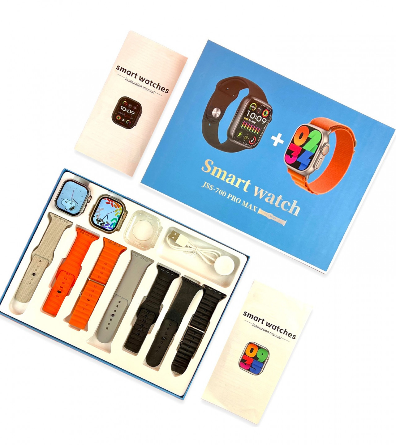 JSS-700 Pro Max Dual Smart Watch With 7 Straps + 1 Silicone Case Bluetooth Call Heart Rate Monitor (Dual Dial BLACK+GOLD)